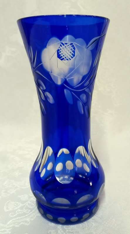 Vintage  Czech Bohemian Cobalt Crystal and Roundlets Vase
