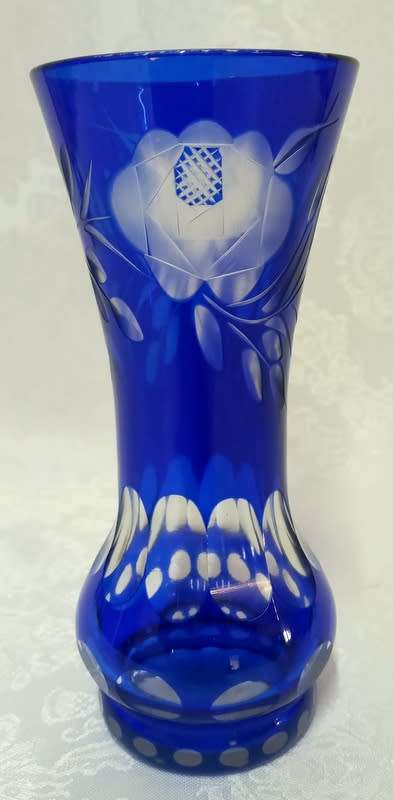 Vintage  Czech Bohemian Cobalt Crystal and Roundlets Vase