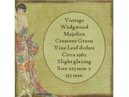 Vintage Wedgwood Majolica Crescent Green Vine Leaf dishes Circa 1962 (7 plates)