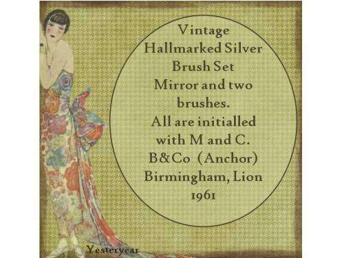 Vintage Hallmarked Silver Brush Set Mirror and two brushes. All initialled with M and C. B and Co