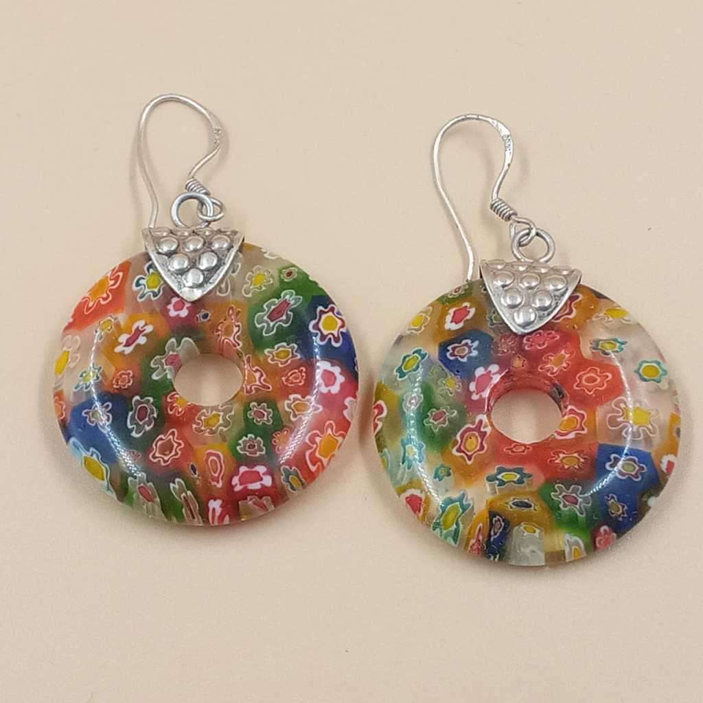 Murano Millefiori Hand blown Glass earrings set in stamped silver