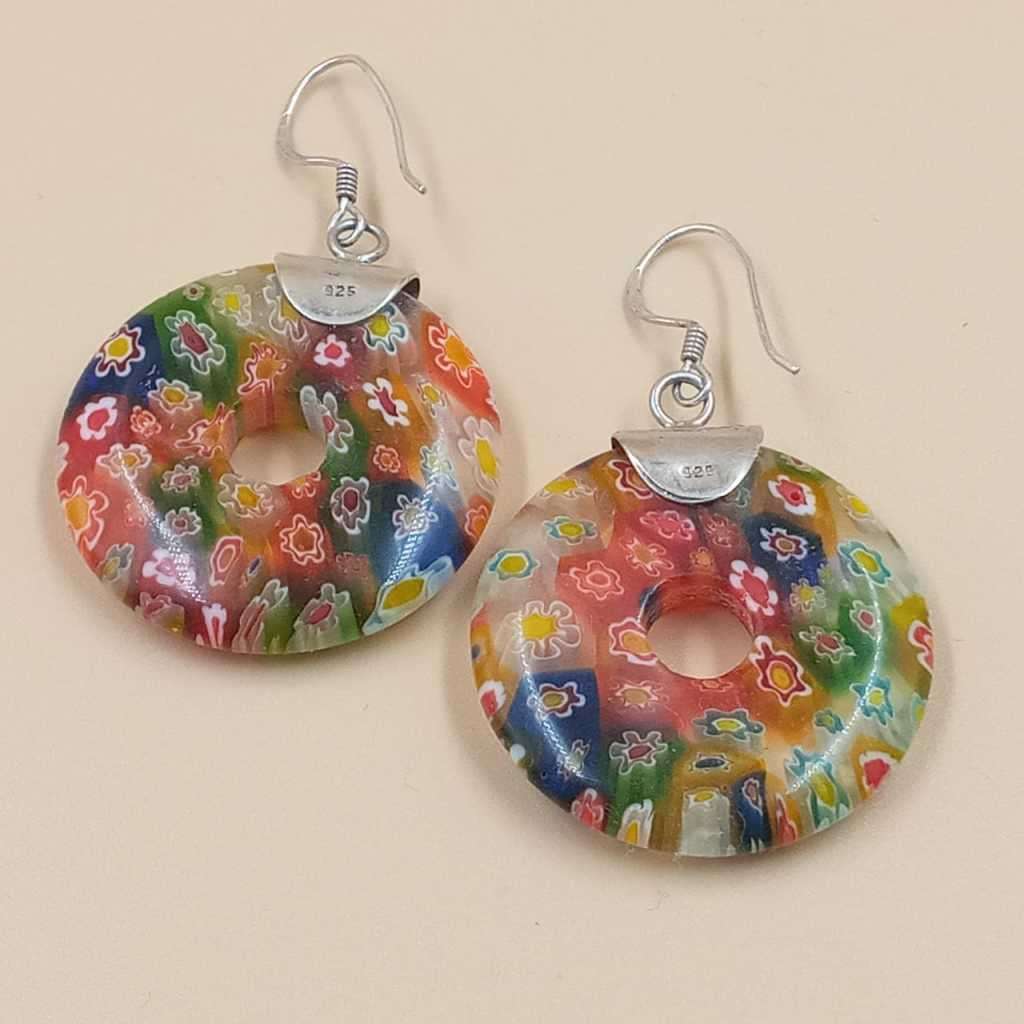 Murano Millefiori Hand blown Glass earrings set in stamped silver