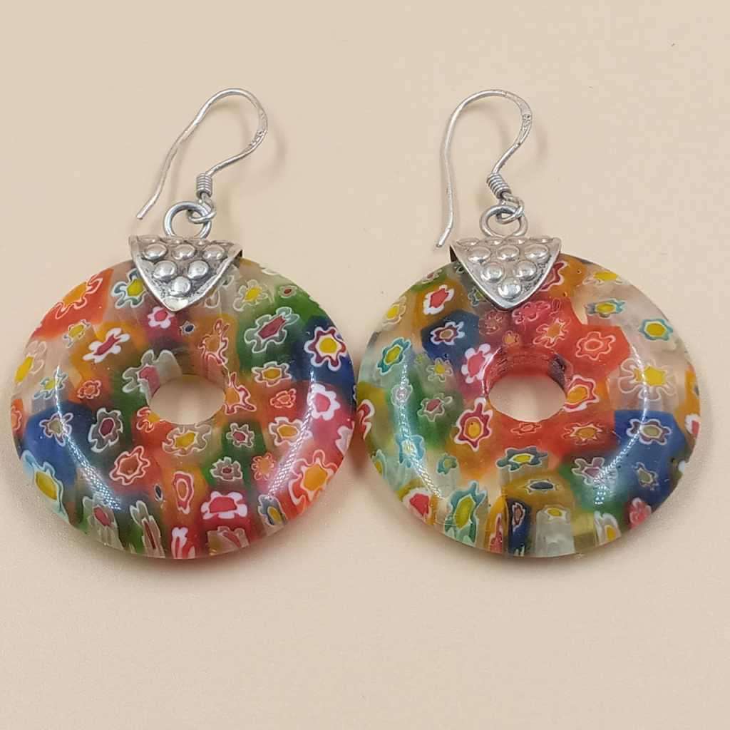 Murano Millefiori Hand blown Glass earrings set in stamped silver