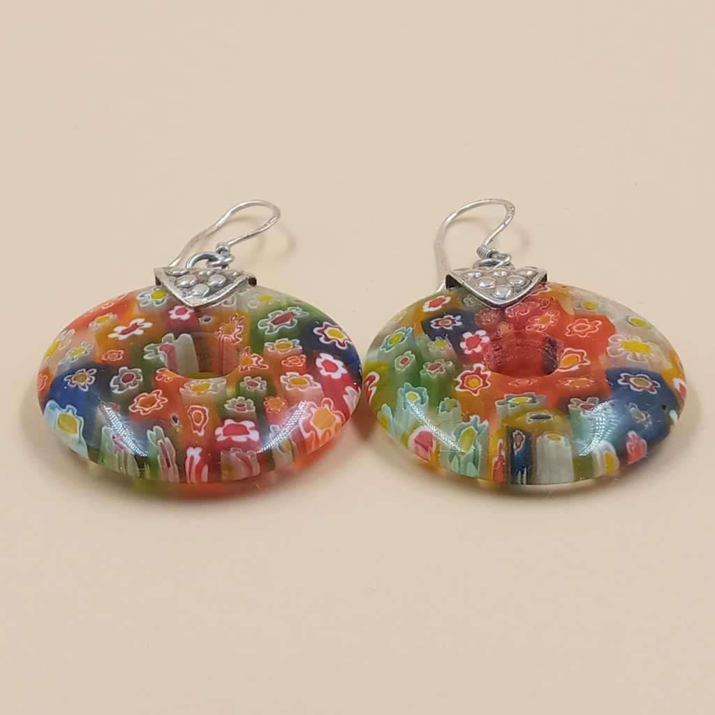 Murano Millefiori Hand blown Glass earrings set in stamped silver