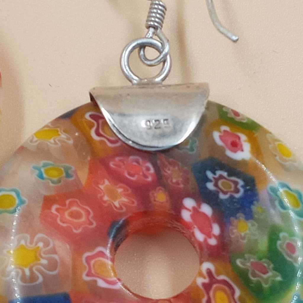 Murano Millefiori Hand blown Glass earrings set in stamped silver