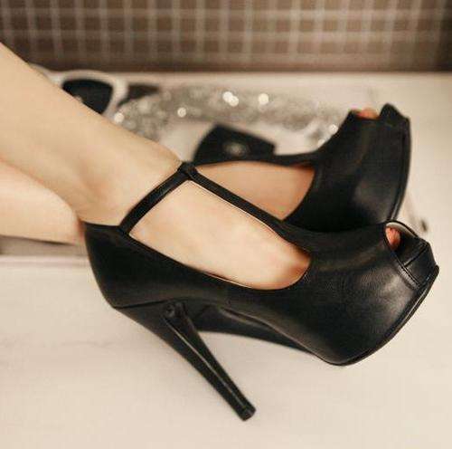 Peep Toe T-Strap Heels in Black