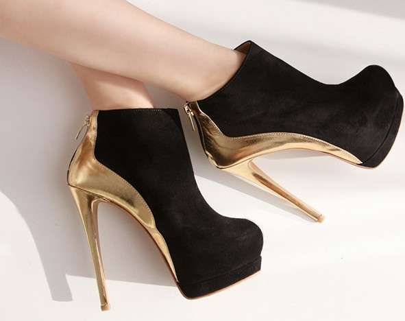 Gold and Black High Heel Ankle Boots