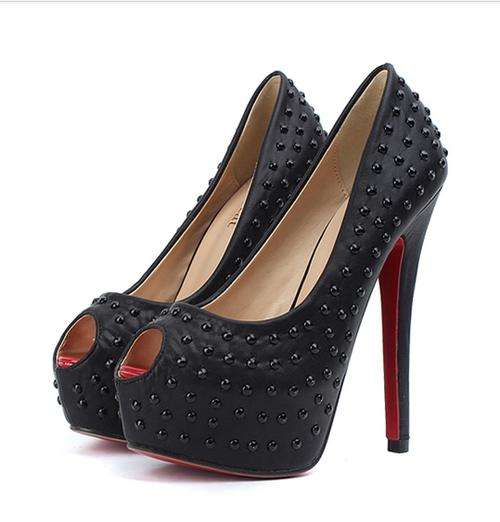 Studded Peep Toe Heels in Black / Red