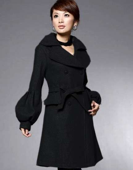Double Breasted Puff Sleeve Long Coat Black