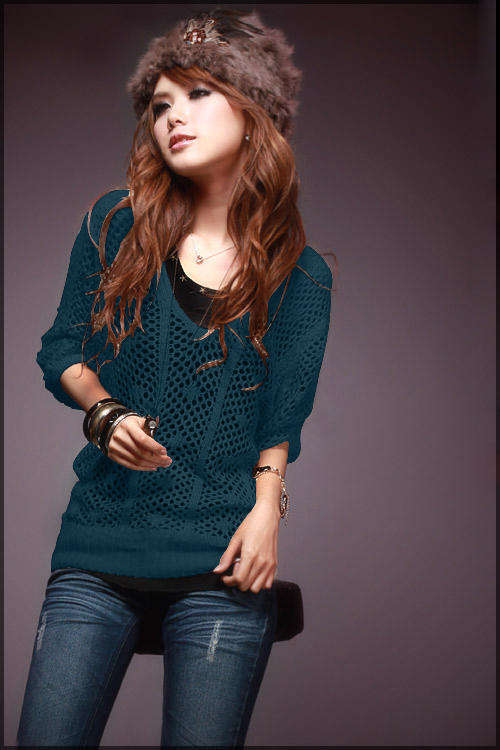 V-neck Openwork Style Sweater Blue