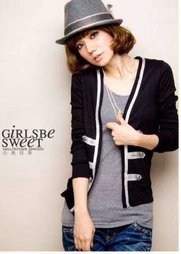 Long Sleeve Silver Tie Trimming Buttons Short Jacket