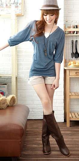 NEW!! Deep V-Collar Clutch-Sleeved Two-Pieces Shirt Deep Blue