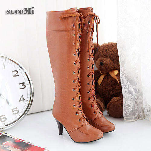 !!HOT!! Lace-Up Heeled Long Boots in Tan (2 - 8)