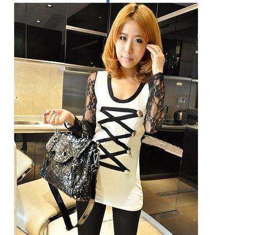!!!NEW!!!  Black and White Shirt with Lace Long Sleeves (S-M)
