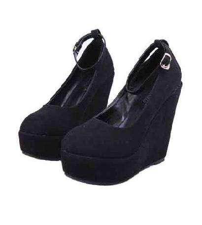Ankle Strap 12cm High Wedges in Black Suede