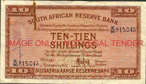 MH de Kock First Issue Ten Shillings Prefix E/90 815043 vg condition