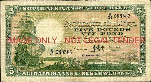 MH de Kock First Issue Five Pounds Prefix B/31 f condition