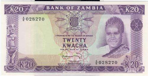 Zambia Twenty Kwacha No. 6/E 028270 unc condition Pick No. 13c