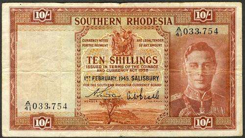 Southern Rhodesia Ten Shillings dated 1st February 1945 vg condition (very scarce)