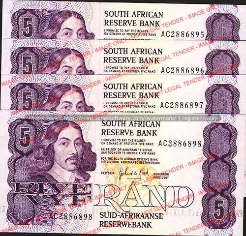 GPC de Kock Third Issue Five Rand Prefix AC 4 notes with sequential numbers 2886895 to 2886898 unc c