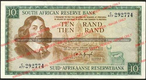 TW de Jongh Third Issue Ten Rand Prefix C477 vf condition