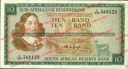 TW de Jongh Third Issue Ten Rand Prefix C230 vf condition