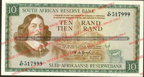 TW de Jongh First Issue Ten Rand Prefix C67 unc condition
