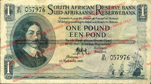 MH de Kock Second Issue  One Pound Prefix B81 057976 dated 15 September 1951 f condition