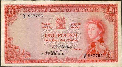 Reserve Bank of Rhodesia One Pound Prefix G/8 887753 dated 12th October 1964 f condition