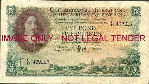 MH de Kock Second Issue  Five Pounds Prefix C11 409227 dated 6 April 1950 vg condition