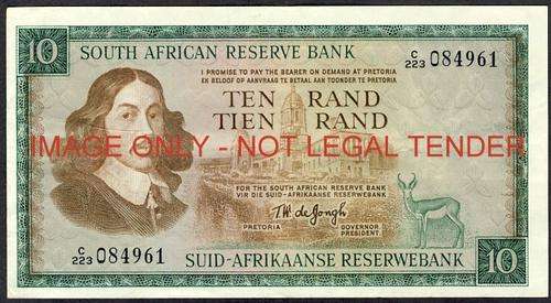TW de Jongh First Issue Ten Rand Prefix C223 vf condition