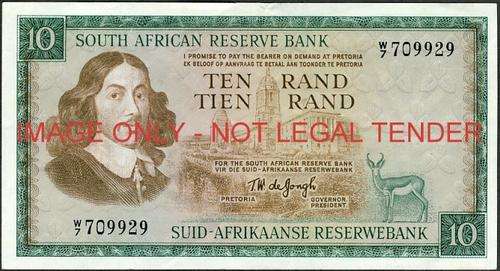 TW de Jongh First Issue Ten Rand Replacement W7 709929 vf condition