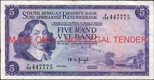TW de Jongh First Issue Five Rand Prefix F132 vf+ condition