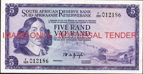 TW de Jongh First Issue Five Rand Prefix F188 012186 vf+  condition