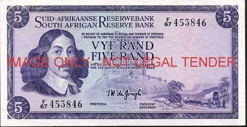 TW de Jongh First Issue Five Rand Prefix F67 ef condition