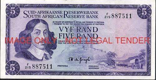 TW de Jongh First Issue Five Rand Prefix F215 vf condition