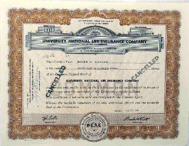Insurance 1961 University National Life Insurance Company ( Stock Share Bond Loan ) (1096)