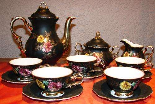 Beautiful 15 piece  Bevarian  Matt Black tea set with flowers and gold trimmings
