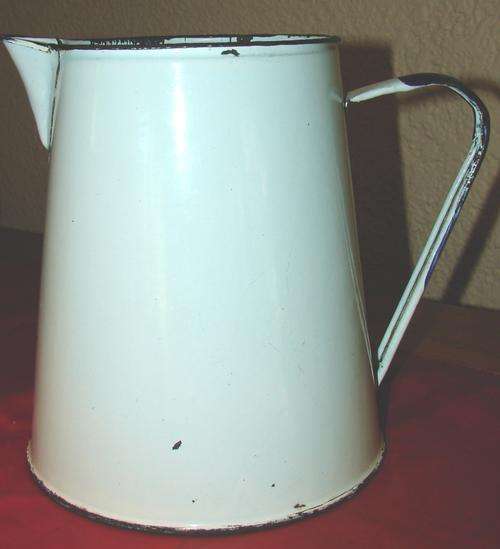 White Enamel Pincher with blue trimmings-H 21cm, Base dia. 18cm