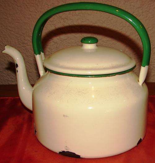 Enamel Kettle with green trimmings-H 21 cm, base width 18 cm