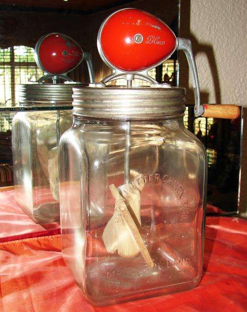 Antique Blow Butter Churn-England with original square bottle and wooden paddles