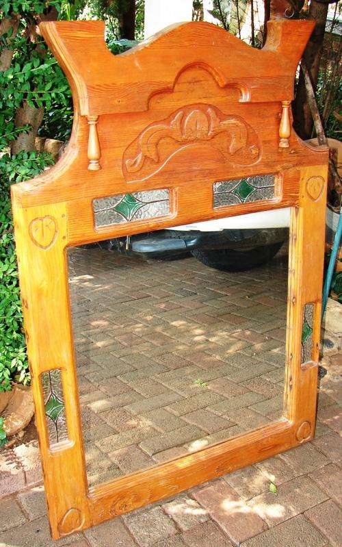 Big beautiful Organ Pine Wall mount mirror with lead glass inlay-1114 cm x 80 cm