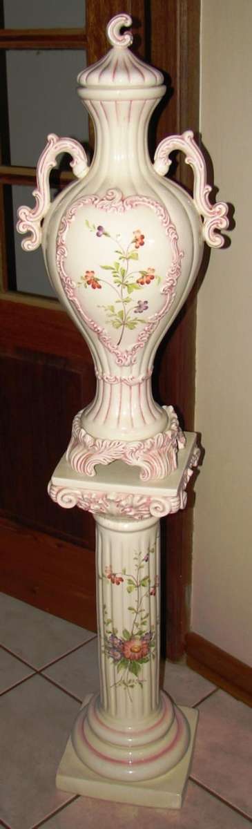 Vintage Italian pedestal+ vase/lid+vase stand-white with pink flowers design-signed A Borsato