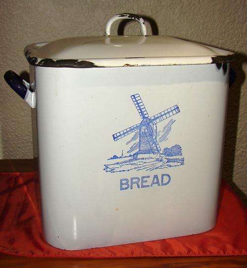 Vintage Good quality Enamel Bread Bin no 2 - Delft design with blue trimmings