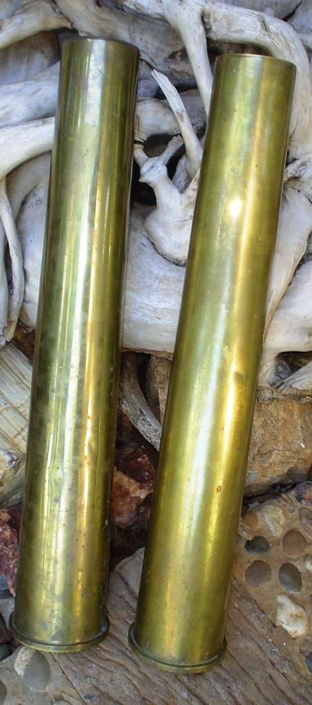 Pair of brass empty/used 76mm Cannon cartriges for decorative purposes-Length 64 cm, BD 11 cm