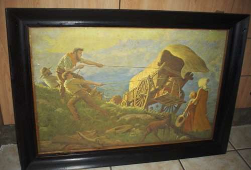 Big framed vintage print Voortekkers trek over the Drakensberg Mountains-W H Coetzer 1938