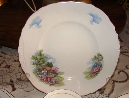 Beautiful vintage Royal C Vale 2 tea set with country scene and gold trimmings- England-21 piece