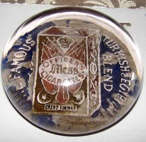 Officer`s Mess Cigarettes Advertising Glass Paperweight-BD 8 cm, H 3.5 cm-weighs 400grams