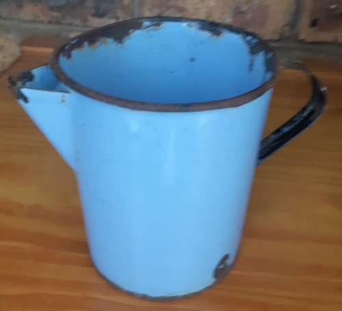 Collectable small vintage Blue Enamel pitcher with black trimmings-H 15 cm, BDS 11.5cma