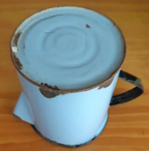 Collectable small vintage Blue Enamel pitcher with black trimmings-H 15 cm, BDS 11.5cma